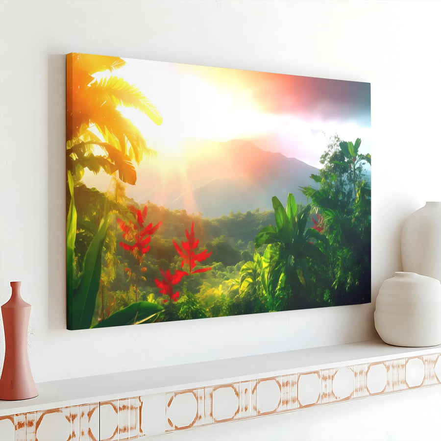 Tropical Jungle Canvas Wall Art | Vibrant Rainforest Mountain Scene | Premium Thick Gallery Wrap | Nature Inspired Home Decor Gift