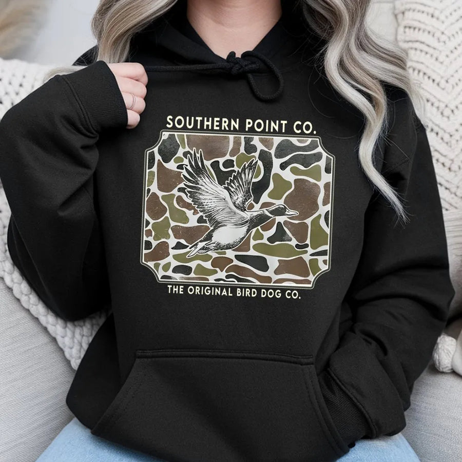 Duck Hunting Hoodie | Camo Flying Mallard Graphic | Premium Cotton Blend | Gift for Hunters and Outdoorsmen