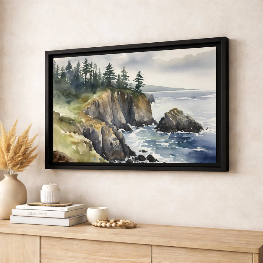 Coastal Cliff Canvas Wall Art | Watercolor Pacific Northwest Landscape | Premium Fade-Resistant Print | Serene Nature Home Decor Gift