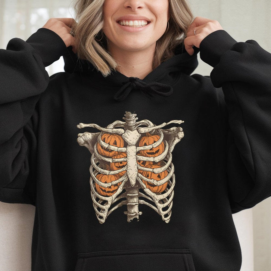 Skeleton Pumpkin Ribcage Hoodie | Retro Spooky Graphic | Premium Cotton Blend | Halloween Fall Gift for Women and Men