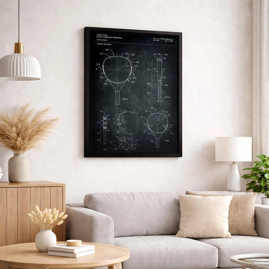 Padel Racket Patent Wall Art | Vintage Technical Blueprint Decor | Premium Gallery Canvas | Unique Gift for Padel Players