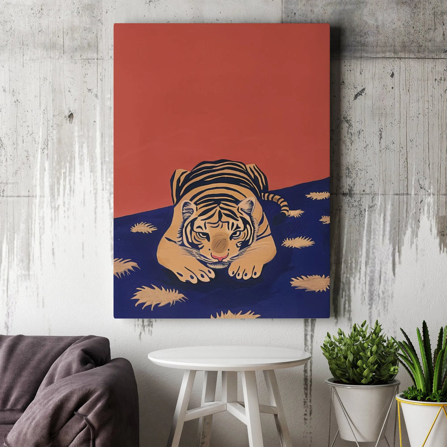 Crouching Tiger Canvas Wall Art | Minimalist Animal Illustration | Premium Gallery Wrapped Decor | Modern Wildlife Home Decor Gift