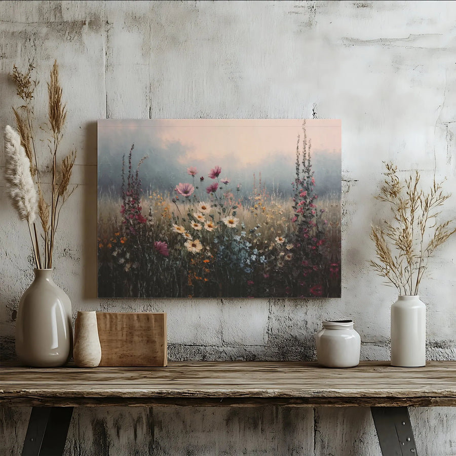 Misty Wildflower Meadow Canvas Print | Impressionist Floral Landscape Wall Art | Gallery Wrapped Premium Canvas | Ready to Hang Nature Home Decor