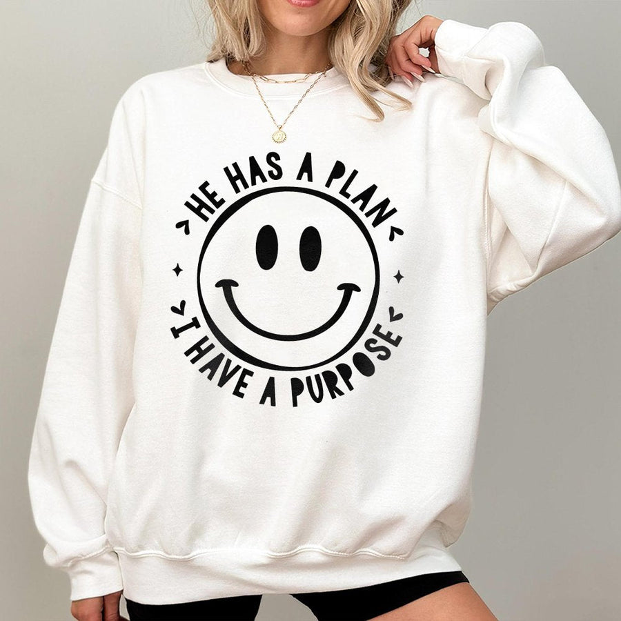 He Has A Plan I Have A Purpose Sweatshirt | Christian Faith Smiley Face Graphic | Soft Cotton Blend Unisex Pullover | Religious Gift For Her Him