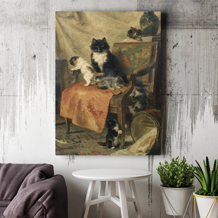 Vintage Cat Painting Canvas | Victorian Mother Cat with Kittens Print | Premium Gallery Wrap Wall Art | Dark Academia Home Decor Gift for Cat Lovers