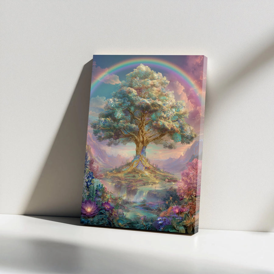Tree of Life Canvas Wall Art | Enchanted Rainbow World Tree Print | Premium Gallery Wrapped | Spiritual Home Decor Gift
