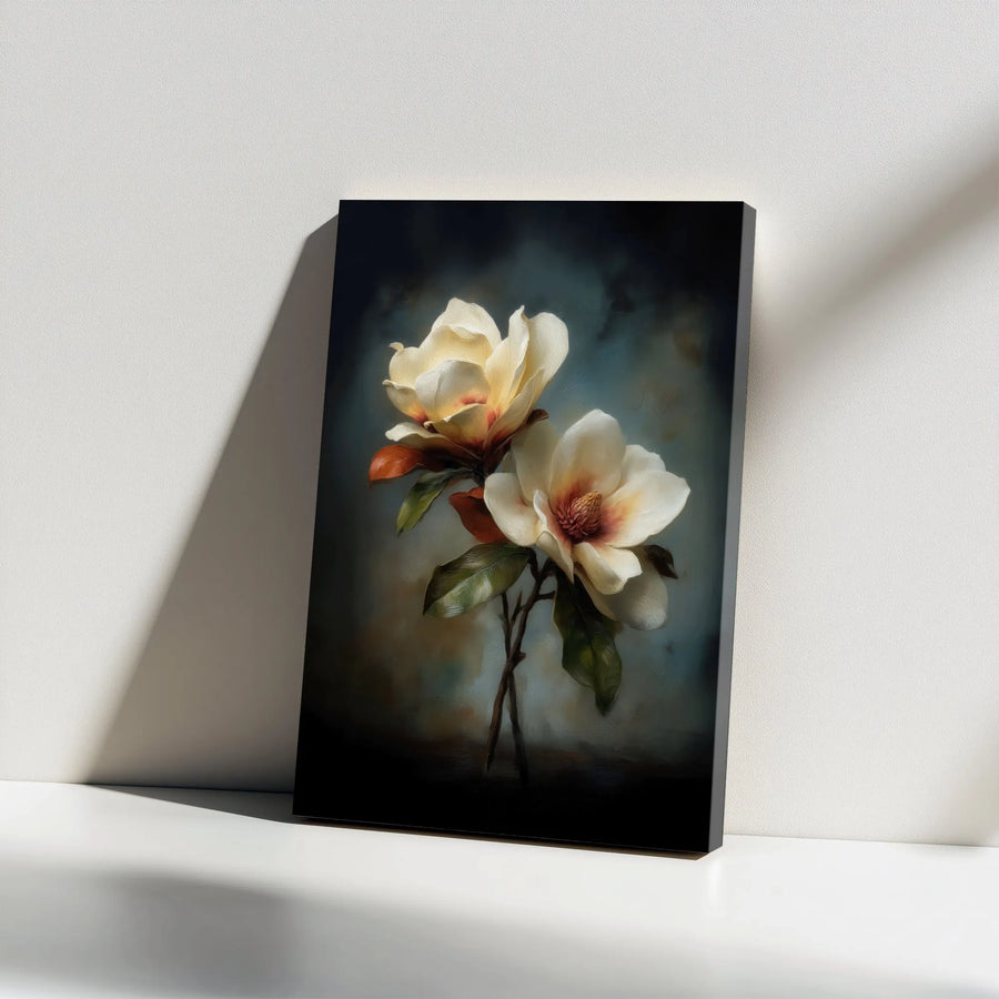 Magnolia Flower Canvas Wall Art | Moody Vintage Floral Painting | Premium Gallery Wrapped Canvas | Farmhouse Living Room Decor Gift