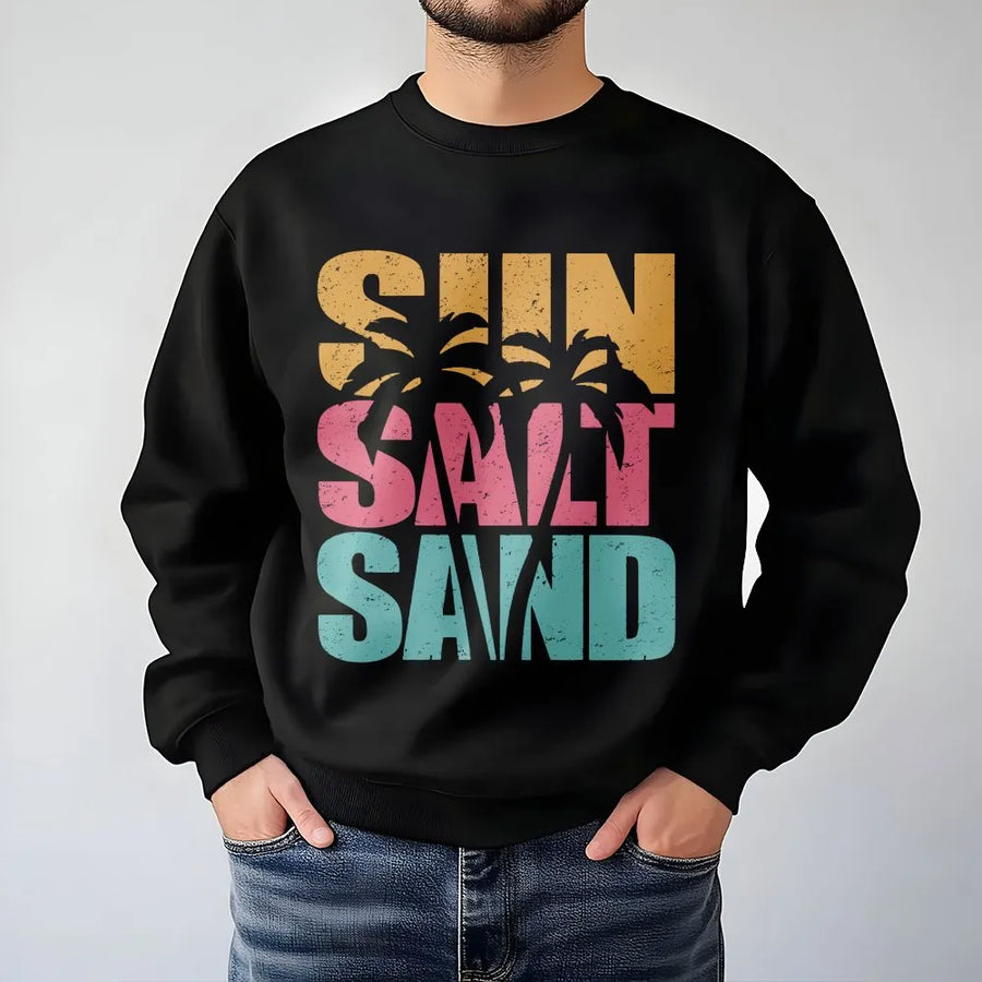 Sun Salt Sand Beach Sweatshirt | Retro Palm Tree Graphic | Cozy Cotton Blend Pullover | Summer Vacation Gift for Women