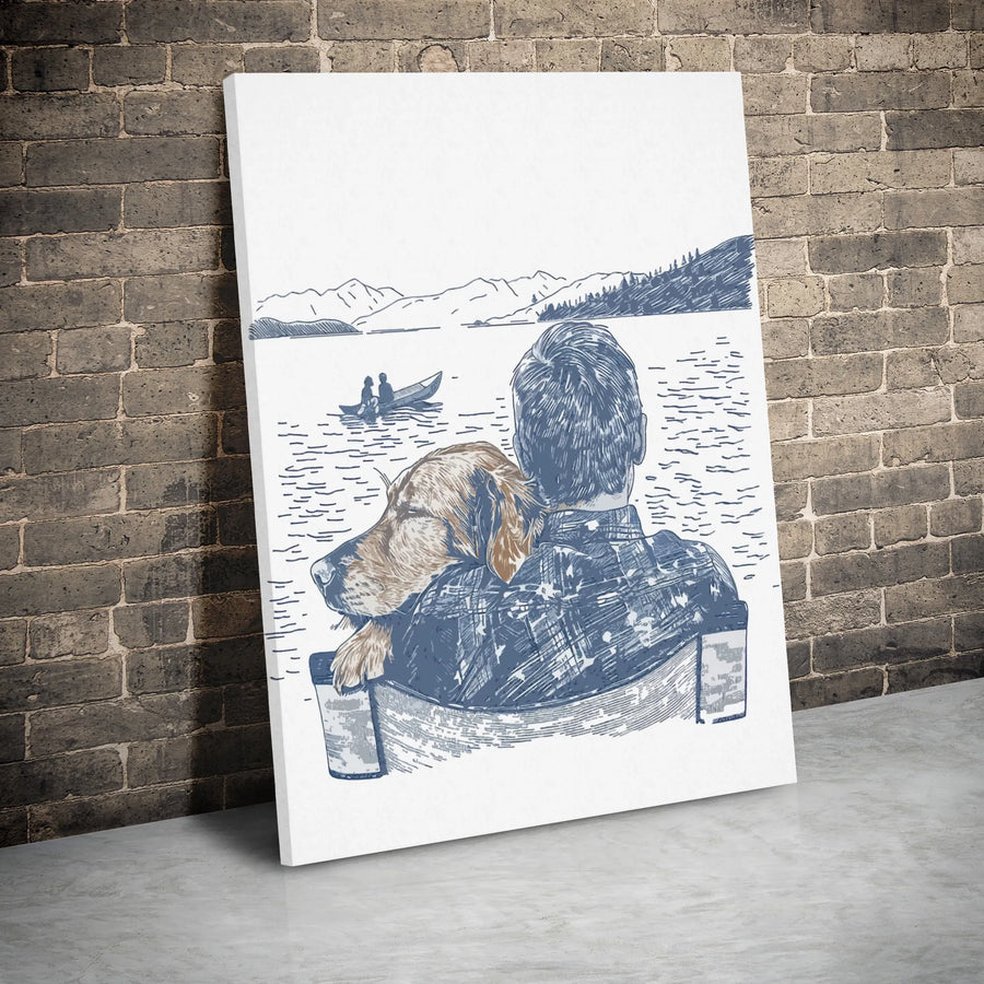 Man and Dog Lake View Canvas | Hand-Drawn Sketch Art | Premium 1.25-Inch Gallery Wrap | Heartfelt Pet Owner Gift for Home Decor