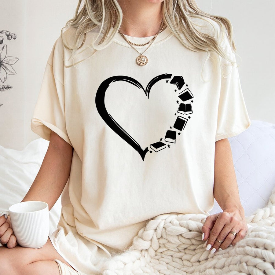 Book Lover T-Shirt | Heart Shaped Books Graphic | 100% Cotton Premium Tee | Reader Gift for Librarians and Literature Fans
