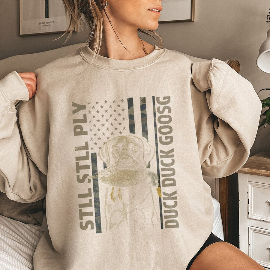 Duck Hunting Sweatshirt | Labrador Retriever American Flag Camo Graphic | Premium Cotton Blend | Gift for Hunter and Dog Lover
