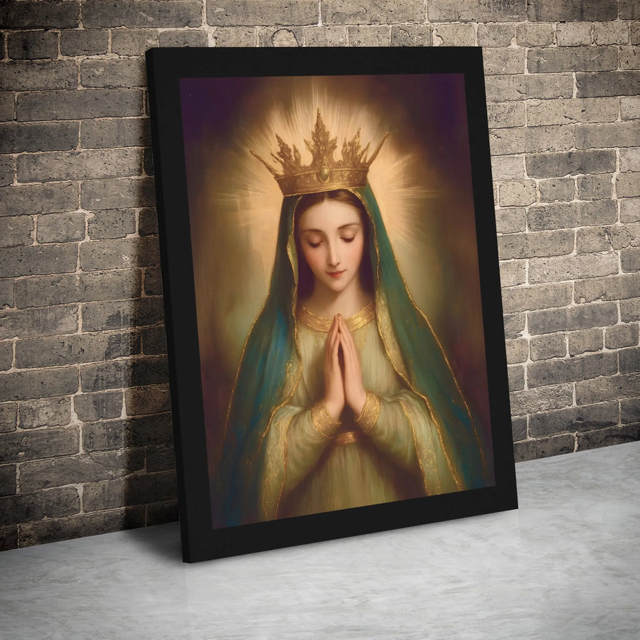 Virgin Mary Wall Art | Praying Queen Of Heaven Religious Portrait | Premium Gallery Wrap Canvas | Christian Home Decor Gift
