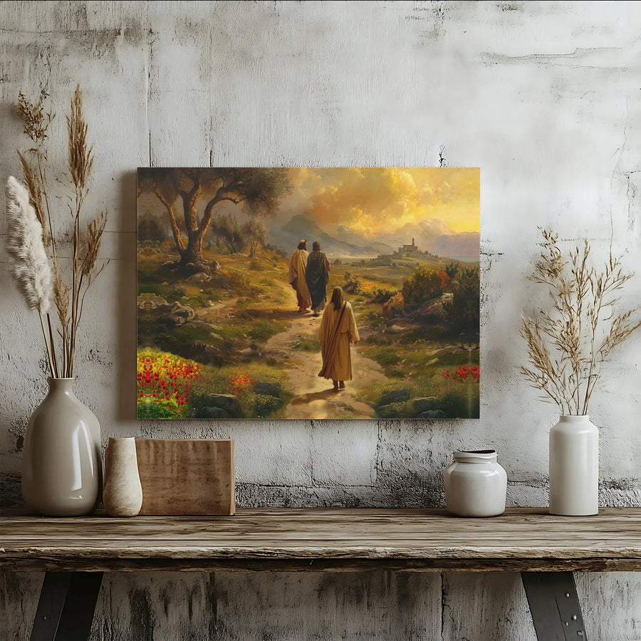 Jesus on the Road to Emmaus Canvas Wall Art | Biblical Landscape Scripture Print | Premium Gallery Wrap Decor | Religious Gift for Christian Home