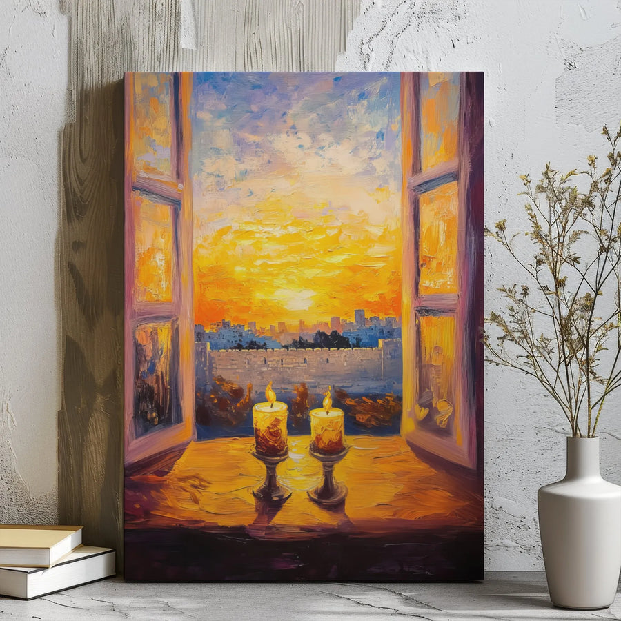 Jerusalem Shabbat Candles Canvas Art | Impressionist Sunset Window View | Premium Gallery Wrap Wall Decor | Spiritual Jewish Home Gift