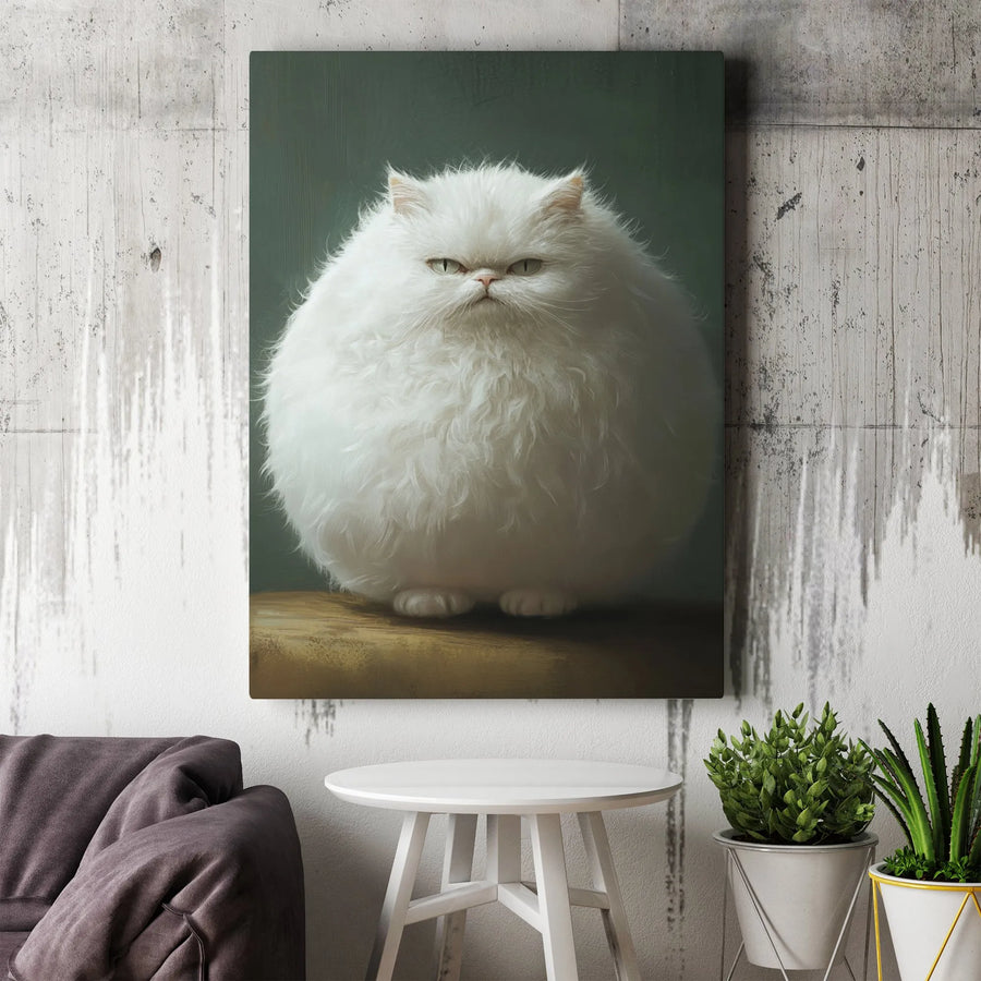 Grumpy Round White Cat Portrait Canvas | Funny Fluffy Persian Art | Premium Gallery-Wrapped Print | Whimsical Animal Home Decor Gift