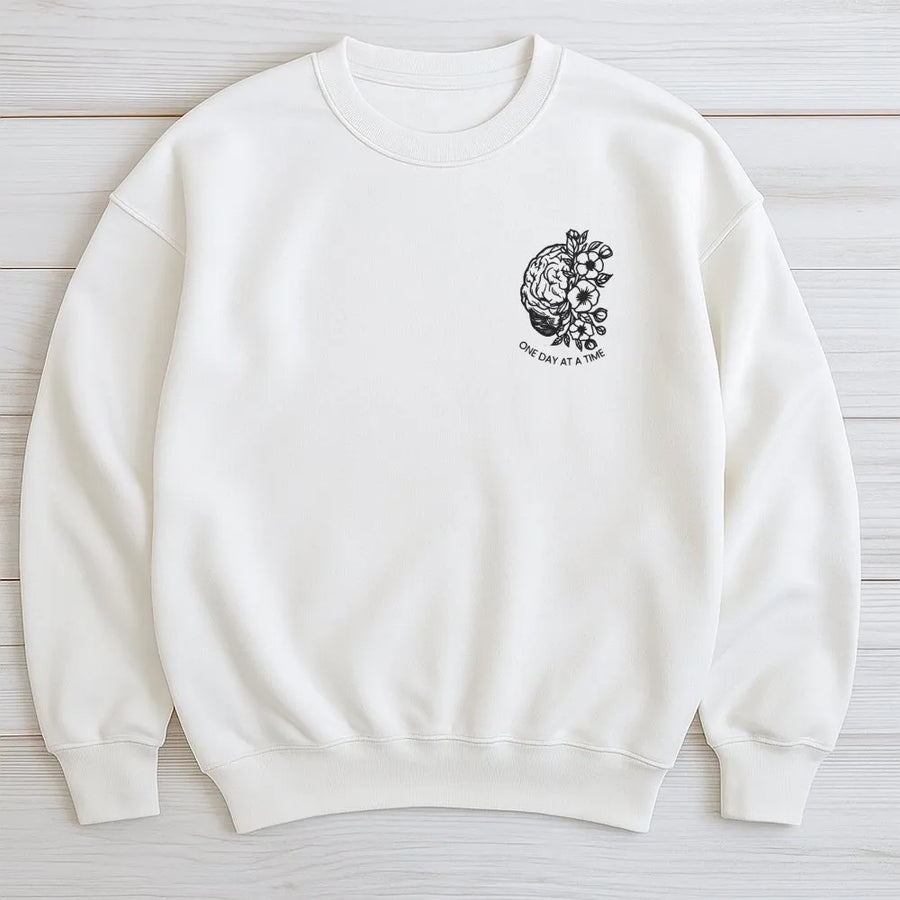 One Day At A Time Sweatshirt | Floral Brain Graphic Sweatshirt | Premium Cotton Blend | Inspirational Addiction Recovery Sobriety Gift