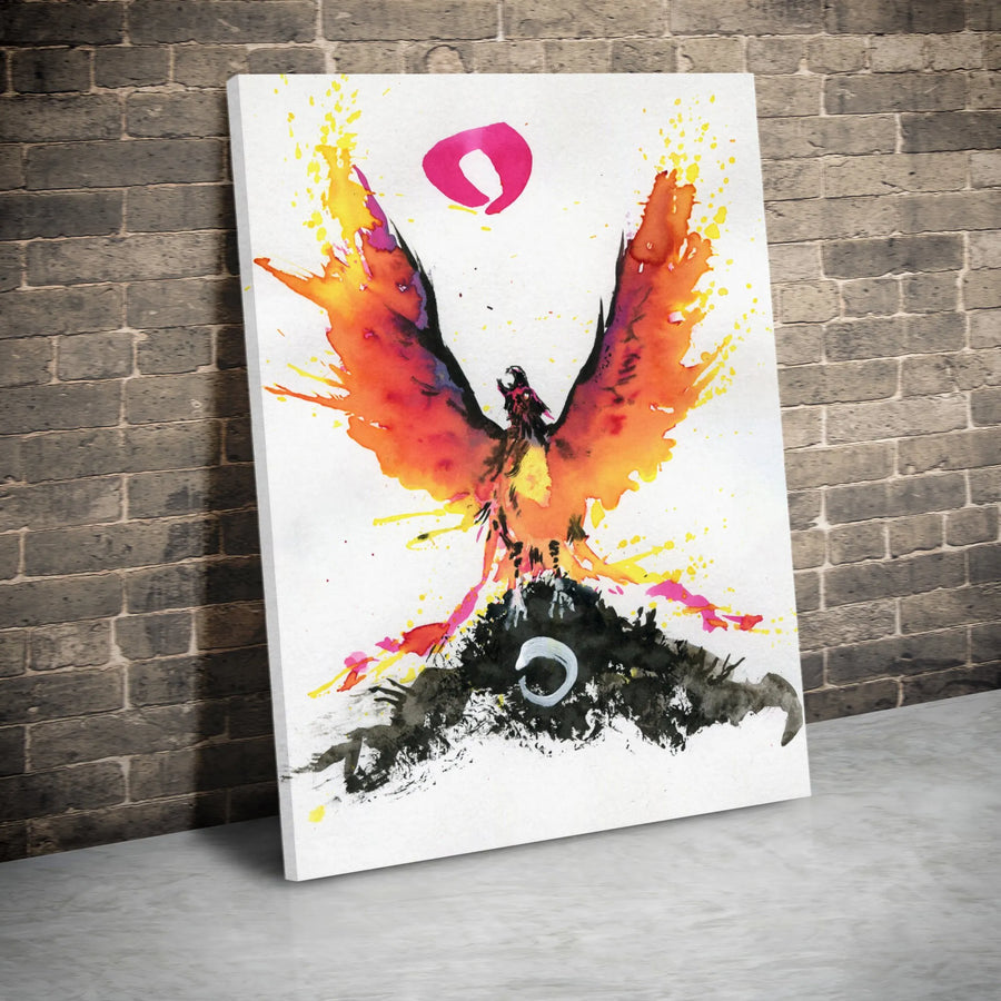 Phoenix Rising Canvas Wall Art | Abstract Watercolor Japanese Ink Wash Style | Premium Gallery Wrap | Symbolic Home Decor Gift for Mythology Fans