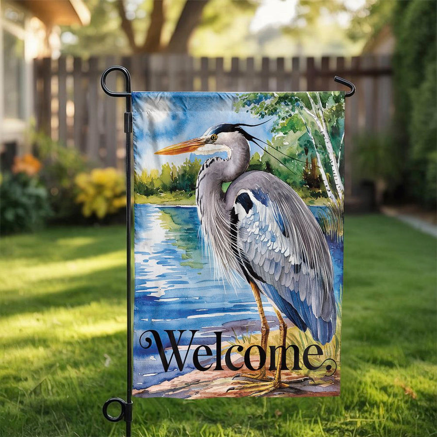 Blue Heron Garden Flag | Artistic Lakeside Bird Welcome Sign | Weather-Resistant Premium Polyester | Outdoor Home Decor Gift
