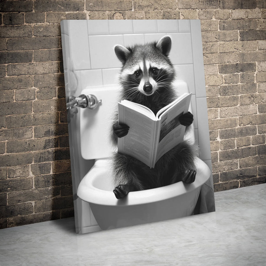 Raccoon Reading Book on Toilet Canvas | Funny Bathroom Wall Art | Premium Gallery Wrap Print | Whimsical Home Decor Gift