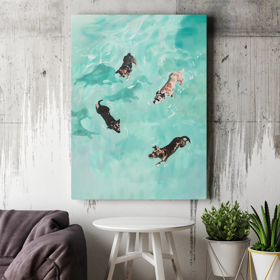 Dogs Swimming In Pool Canvas Print | Aerial Dog Art Wall Decor | 1.25-Inch Gallery Wrap | Premium Pet Lover Gift Home Office Wall Art