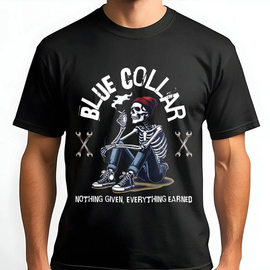 Blue Collar T-Shirt | Nothing Given Everything Earned Graphic | Premium Cotton Tradesman Apparel | Gift For Mechanic Welder Construction Worker