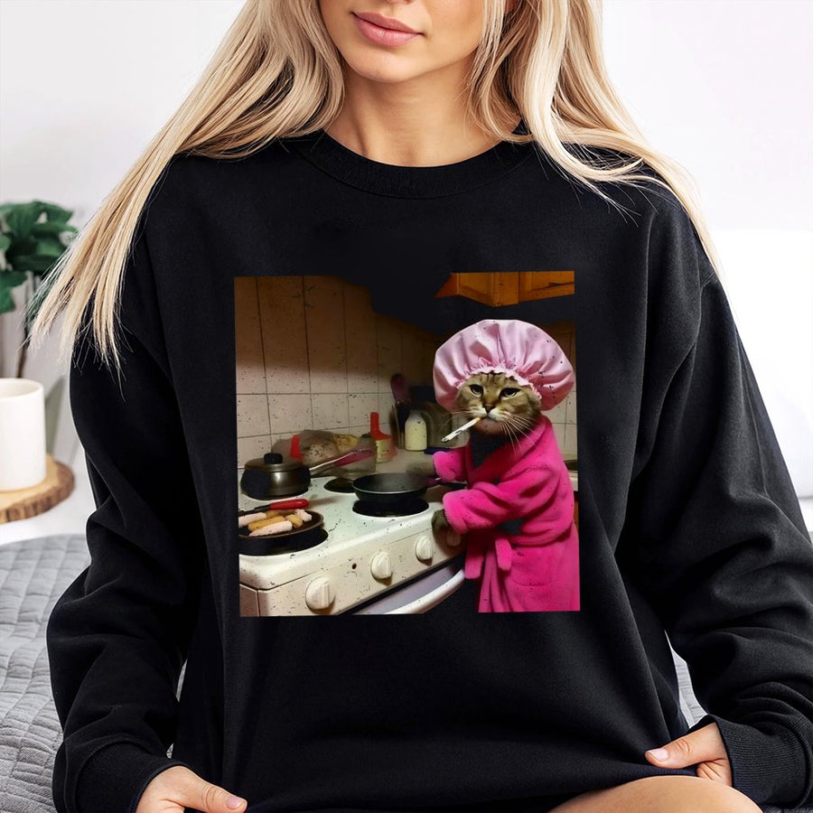 Funny Cat Cooking Sweatshirt | Sassy Smoking Cat in Pink Robe Graphic | Premium Cotton Blend Crewneck | Humorous Gift for Cat Lovers & Meme Fans