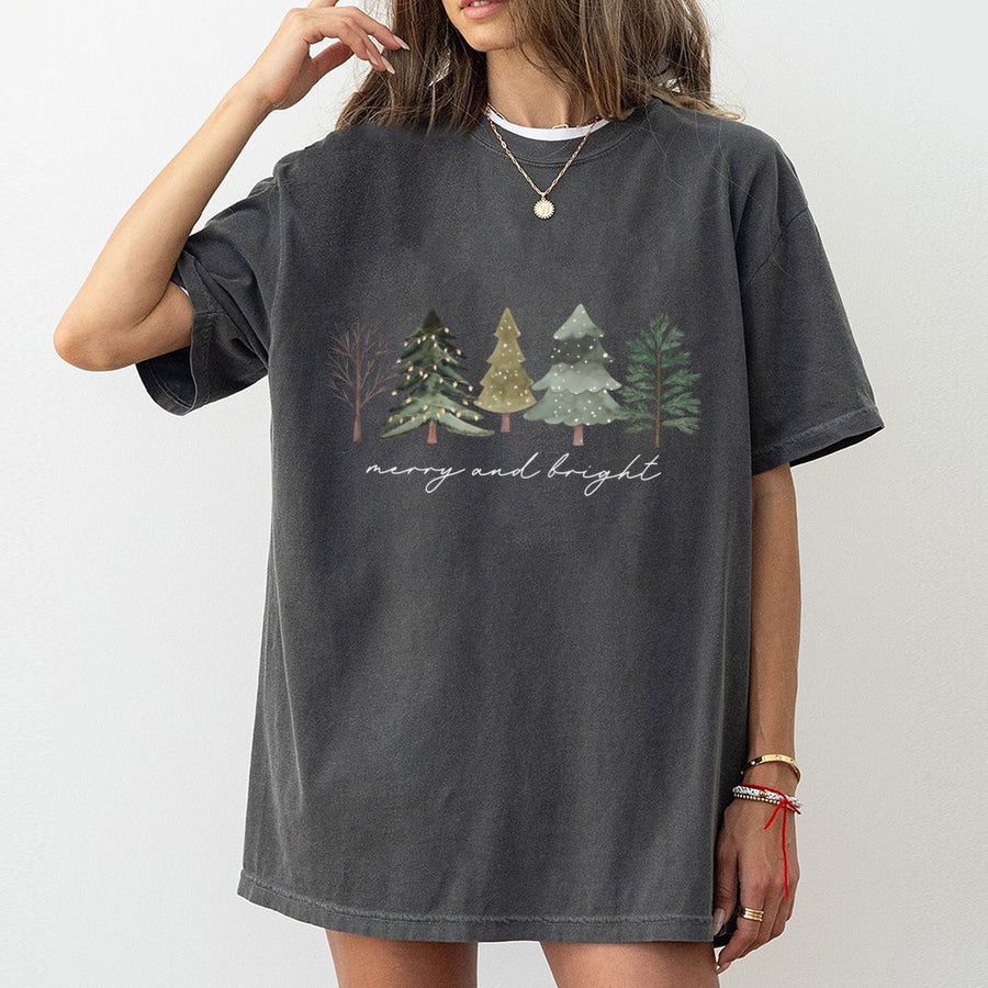 Merry and Bright Christmas Tree T-Shirt | Watercolor Pine Forest Graphic | Premium 100% Cotton | Festive Holiday Gift for Men and Women
