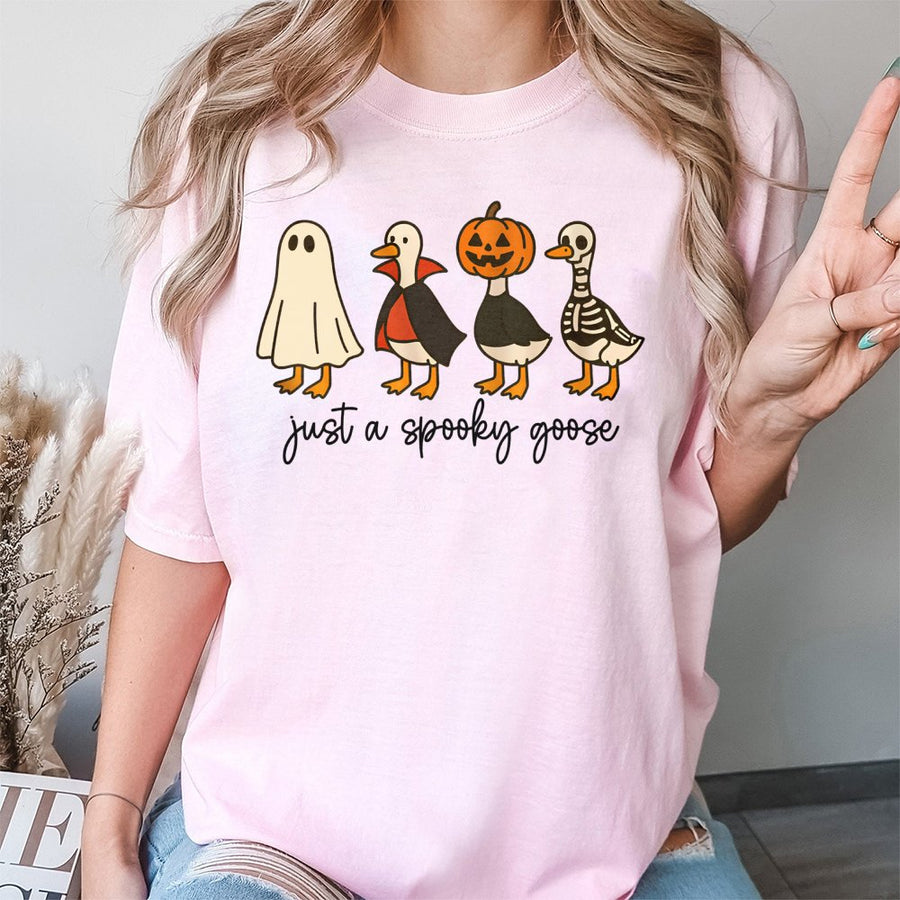 Spooky Goose Halloween T-Shirt | Cute Ghost Pumpkin Skeleton Duck Graphic | 100% Cotton Premium Tee | Funny Fall Gift for Goose Lovers