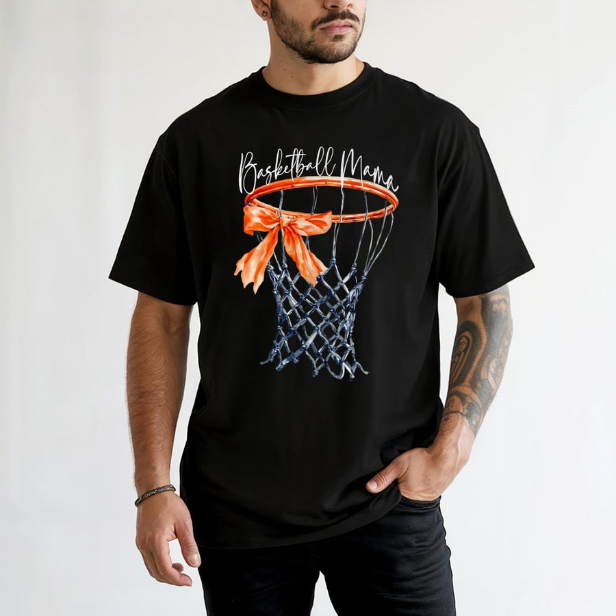 Basketball Mama T-Shirt | Watercolor Hoop With Bow Graphic | 100% Cotton Premium Tee | Sports Mom Gift for Game Day
