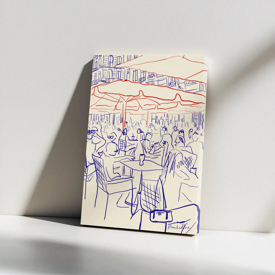 European Cafe Canvas Wall Art | Sketch Style Bistro Scene With Red Umbrellas | Premium Gallery Wrap Print | Modern Kitchen & Living Room Home Decor Gift