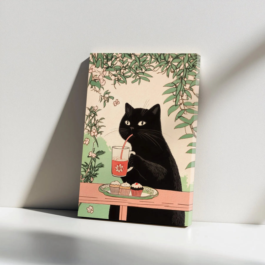 Japanese Style Black Cat Wall Art | Whimsical Cafe Scene Canvas | Premium Gallery Wrap Decor | Gift for Cat Lovers & Kitchen Decor