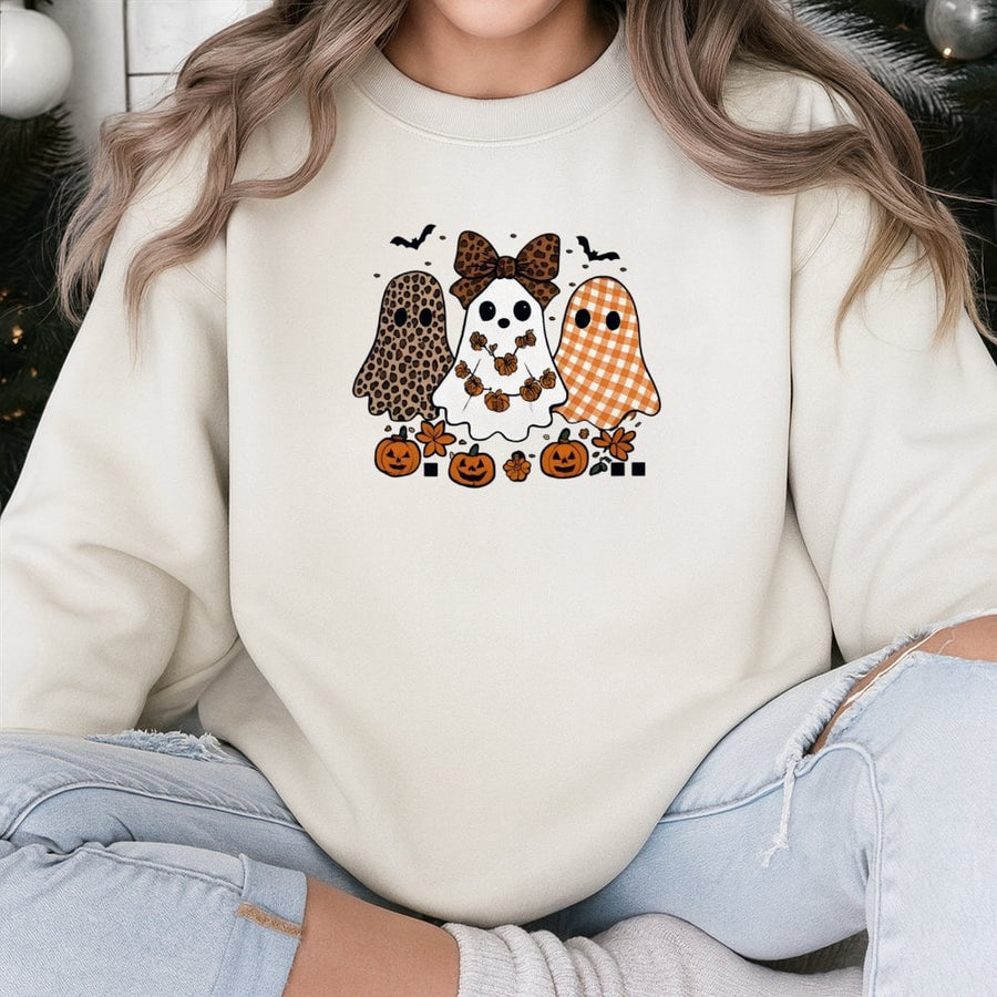 Cute Ghost Trio Sweatshirt | Leopard Print & Gingham Halloween Graphic | Soft Cotton Blend | Fall Holiday Gift for Women and Teens