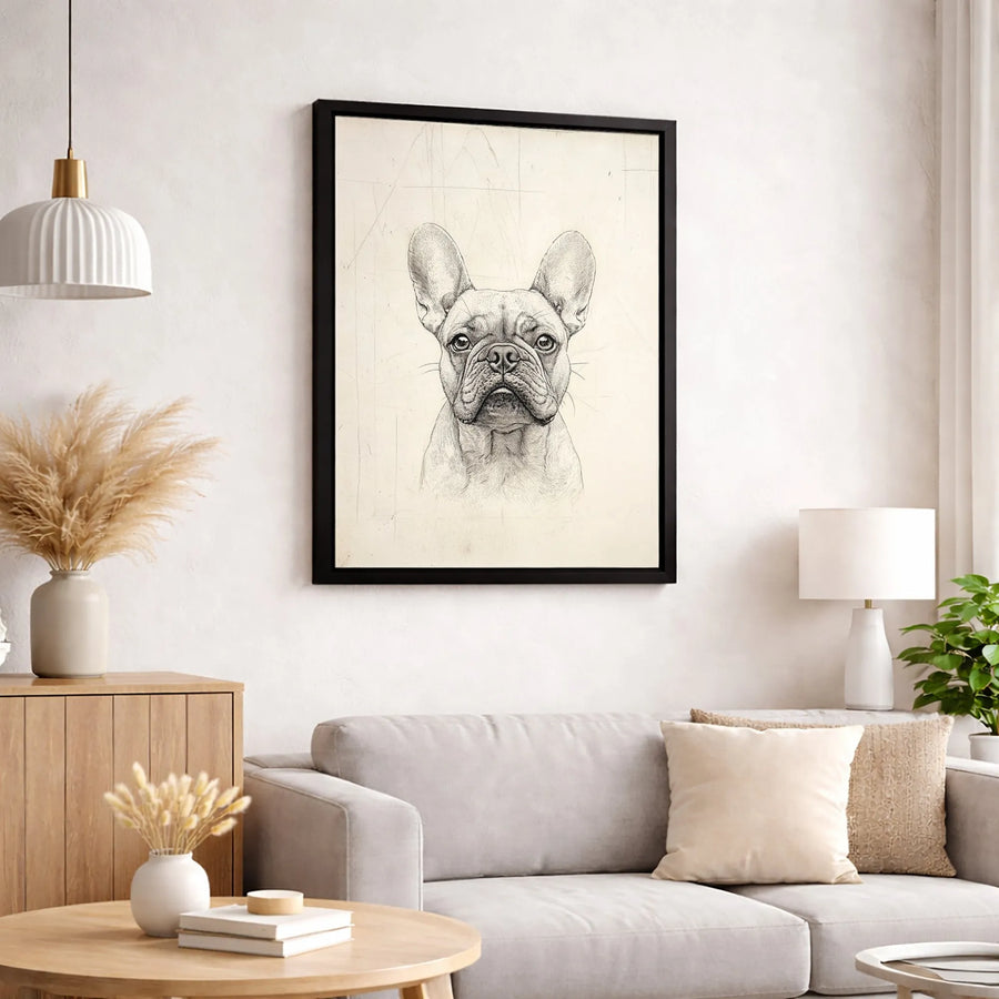 French Bulldog Sketch Canvas Wall Art | Vintage Dog Portrait Drawing | Premium Gallery Wrapped Print | Unique Animal Lover Home Decor Gift