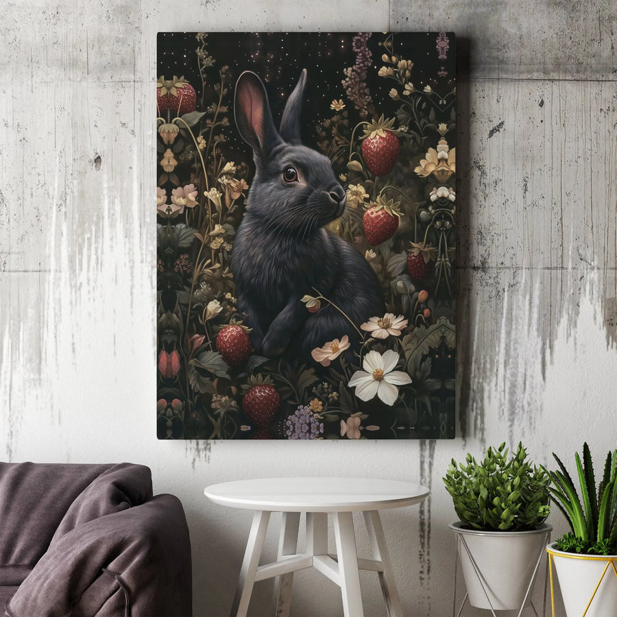 Dark Academia Rabbit Canvas Art | Vintage Strawberry & Wildflower Illustration | Premium Gallery Wrapped Print | Moody Cottagecore Woodland Decor Gift