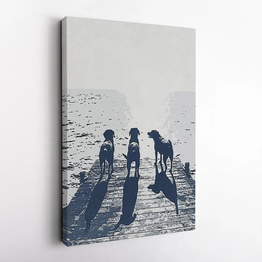 Three Dogs On A Dock Canvas Wall Art | Minimalist Lake Side Landscape | Gallery-Wrapped Premium Print | Dog Lover Gift & Coastal Home Decor