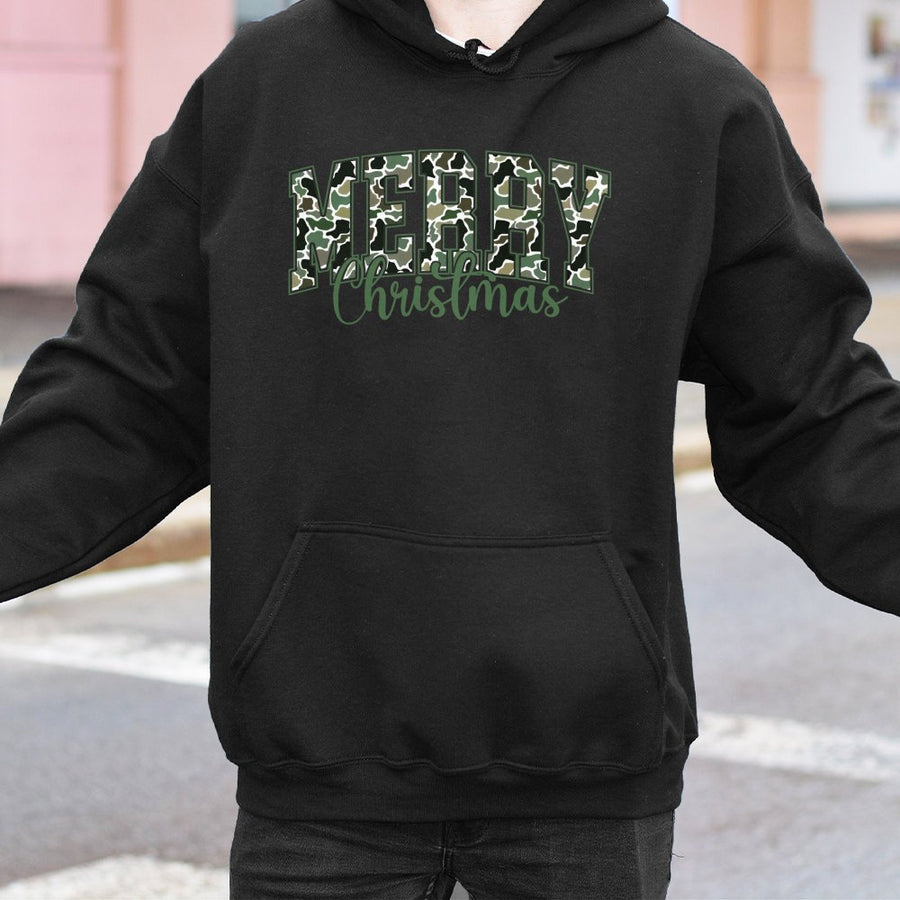 Merry Christmas Hoodie | Camo Military Print Graphic | Premium Cotton Blend | Gift For Hunting Wife & Outdoor Mama