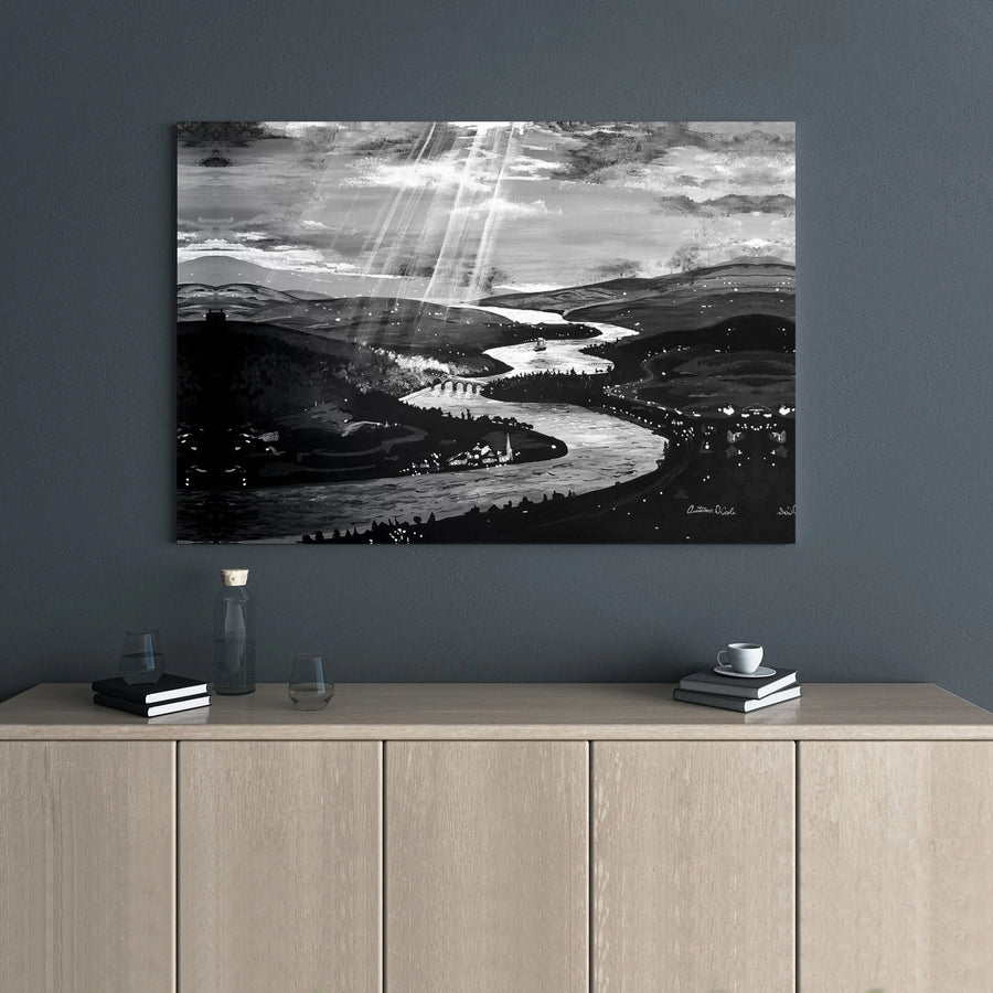 Winding River Valley Landscape Canvas | Black and White Nature Wall Art | 1.25" Gallery Wrap | Premium Home Decor Gift