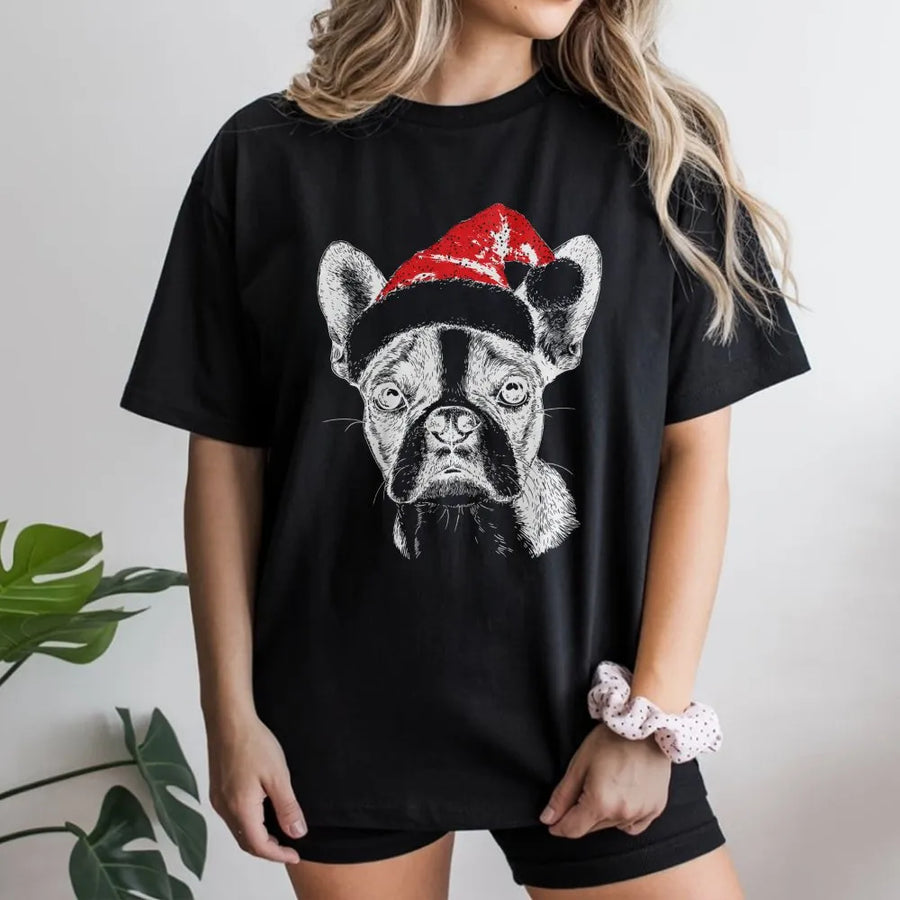 Boston Terrier Christmas T-Shirt | Santa Hat Frenchie Graphic | Premium Cotton Unisex Tee | Cute Holiday Dog Lover Gift for Him and Her
