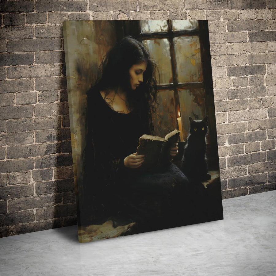 Gothic Witch Reading Book Canvas | Dark Academia Black Cat Decor | Gallery Wrapped Premium Wall Art | Moody Mystery Gift for Book Lovers
