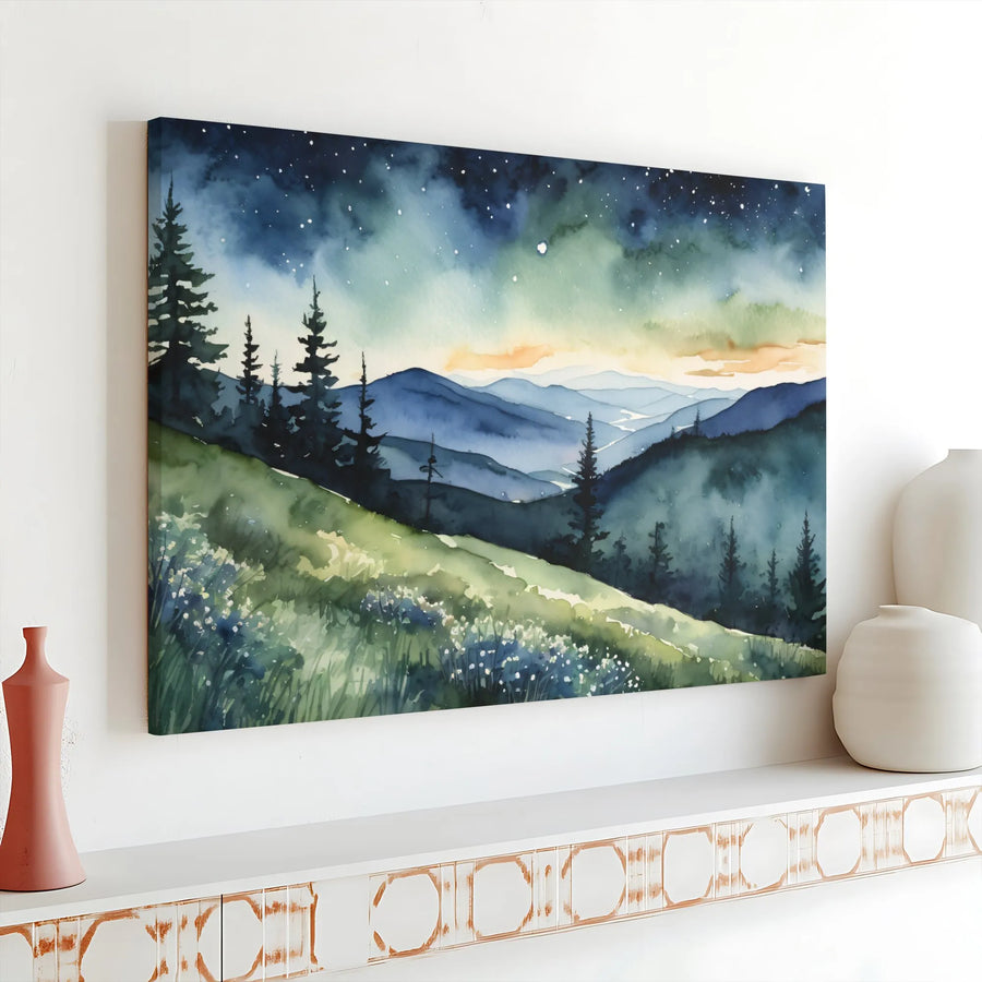 Watercolor Mountain Landscape Canvas | Starry Night Forest Wall Art | Premium 1.25 Inch Gallery Wrap | Serene Nature Decor For Living Room