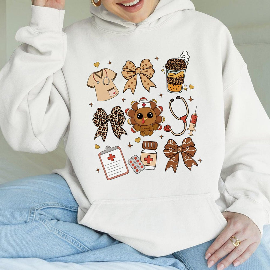 Nurse Thanksgiving Hoodie | Cute Turkey Medical Graphic | Soft Cotton Blend Sweatshirt | Fall Nursing School Gift for Her