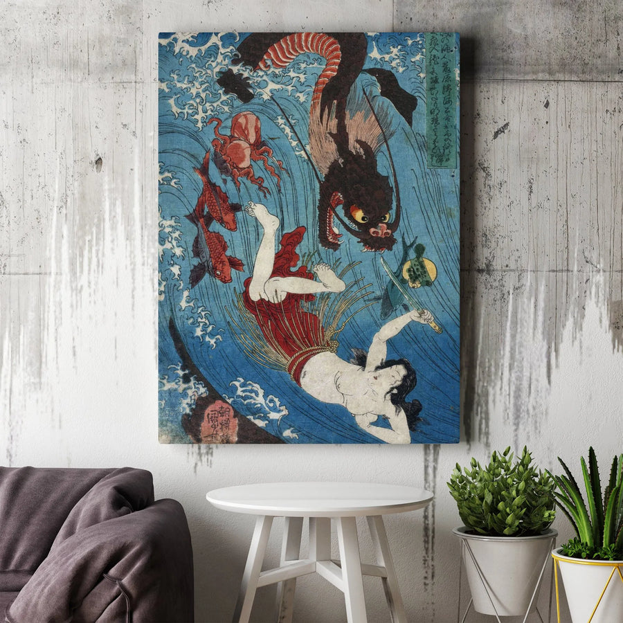 Japanese Ukiyo-e Canvas Wall Art | Tamatori-hime Ama Diver & Dragon Print | Gallery-Quality 1.25" Profile | Aesthetic Living Room Decor