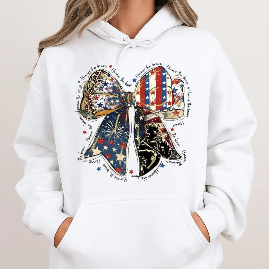 Patriotic Coquette Hoodie | Honor The Brave American Flag Bow Graphic | Soft Unisex Crewneck | Memorial Day & 4th of July Military Gift