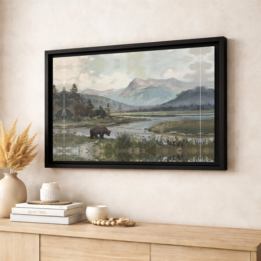 Grizzly Bear Landscape Canvas Print | Mountain River Wildlife Wall Art | Premium Gallery-Wrapped Gallery Decor | Nature Lover Gift for Home Office