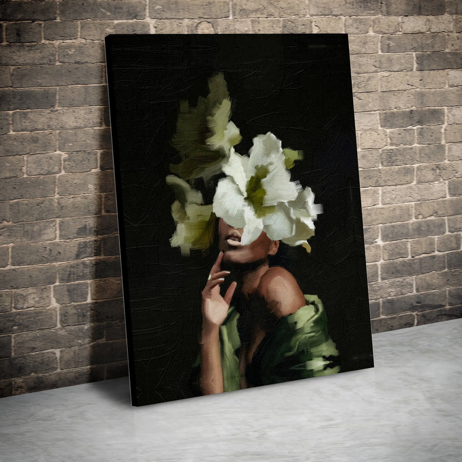 Black Woman Floral Art Canvas Print | Abstract Flower Head Portrait | Premium Thick Gallery Wrap | Modern Afrocentric Home Decor Gift