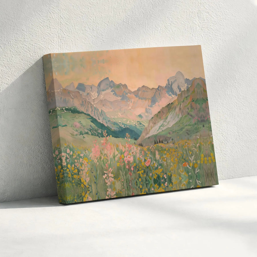 Impressionist Mountain Landscape Canvas | Wildflower Meadow Wall Art | Premium Gallery-Wrapped Print | Nature Decor For Home Or Office
