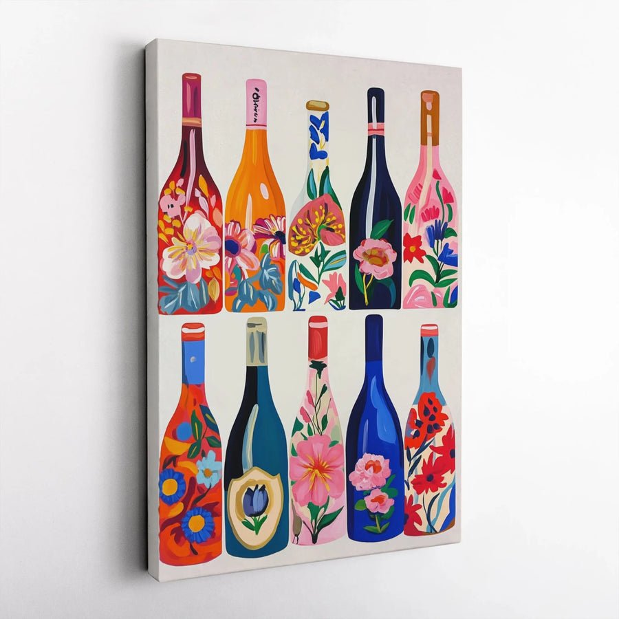 Floral Wine Bottle Wall Art | Colorful Botanical Print | Premium Gallery-Wrapped Canvas | Kitchen Decor Gift for Wine Lovers
