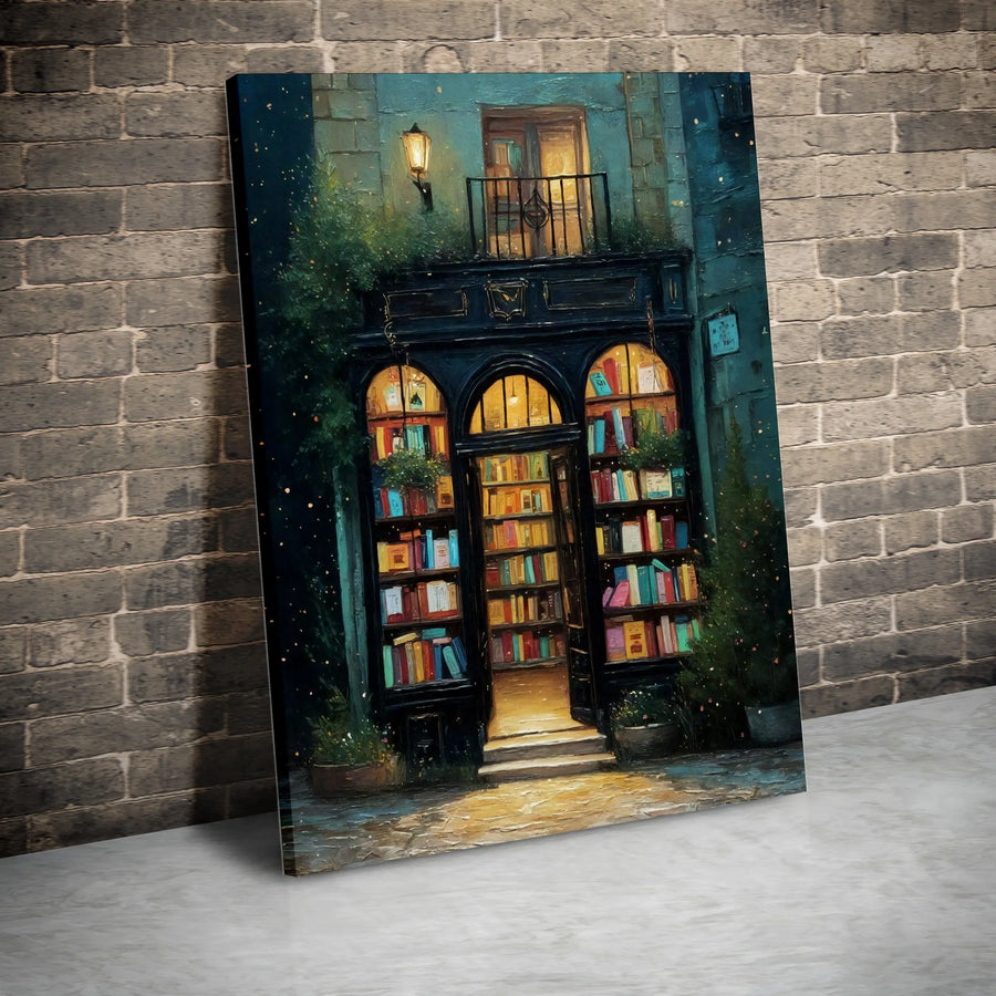 Cozy Bookstore Canvas Wall Art | Vintage Impressionist Night Scene | Premium Gallery Wrapped Canvas | Gift for Book Lovers & Readers