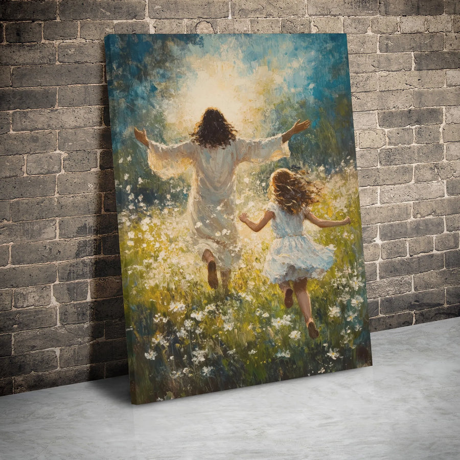 Jesus and Child Running in Field Canvas Wall Art | Impressionist Religious Painting | Gallery Wrapped Premium Print | Spiritual Home Decor Gift