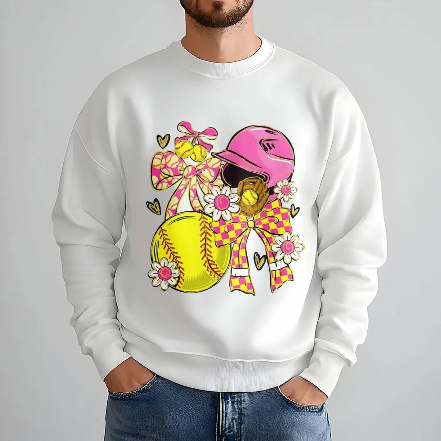 Softball Coquette Sweatshirt | Floral Bow And Helmet Graphic | Soft Cotton-Poly Blend | Cute Gift For Softball Mom Or Player